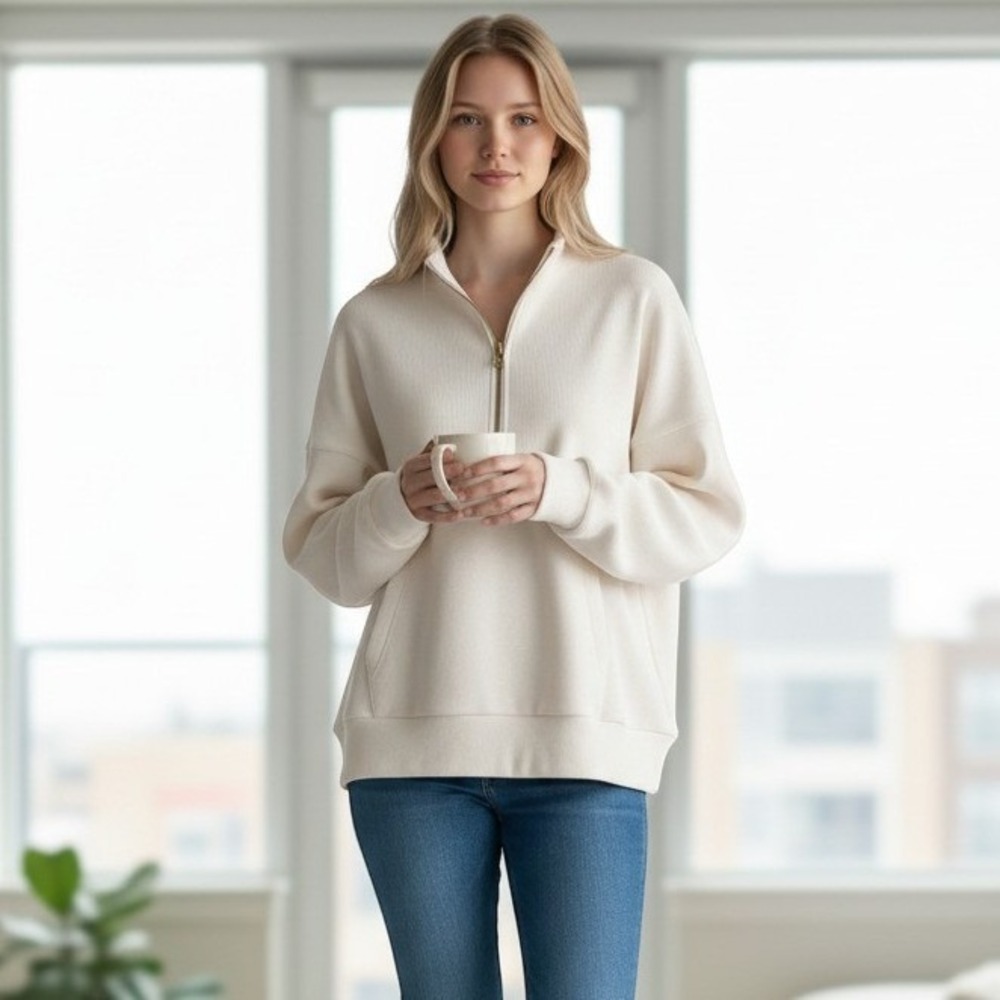 Varley Acadia Half Zip Ottoman Ribbed Pullover Ivory White Sweatshirt Medium